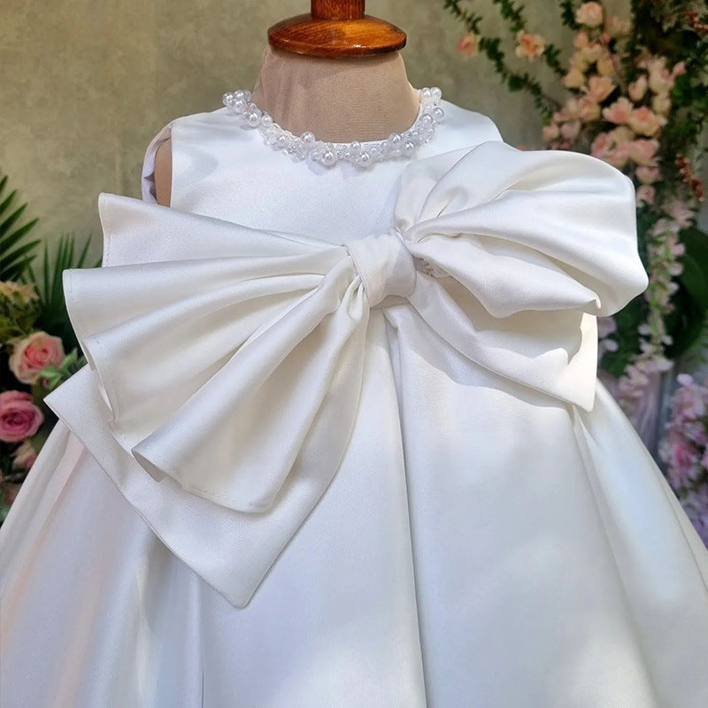 Elegant Satin Beaded Flower Girl Dress - Tea Length