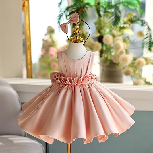 Elegant Satin Flower Girl Dress - Sleeveless Knee-Length Bow Dress