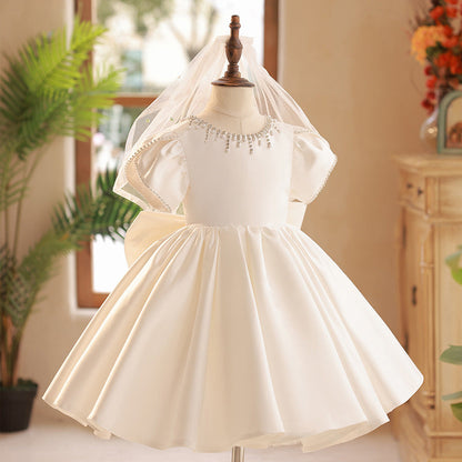 Elegant Satin Flower Girl Dress with Ruffles and Beading