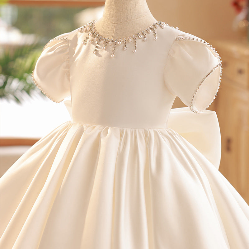 Elegant Satin Flower Girl Dress with Ruffles and Beading