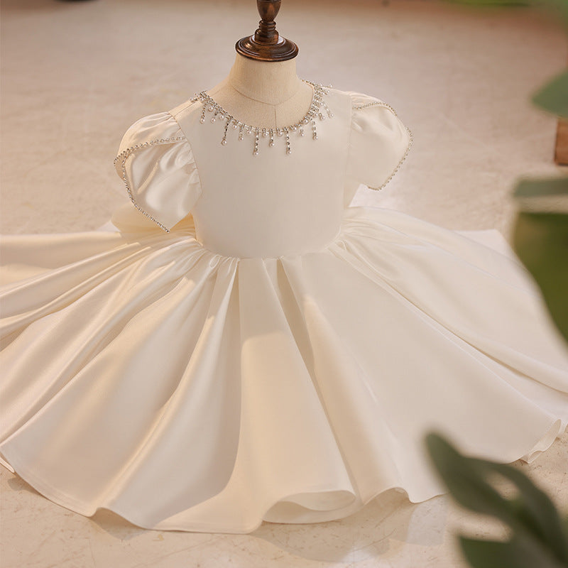 Elegant Satin Flower Girl Dress with Ruffles and Beading