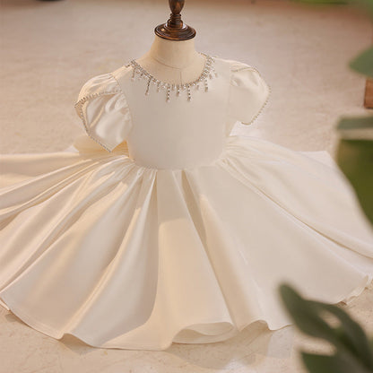 Elegant Satin Flower Girl Dress with Ruffles and Beading