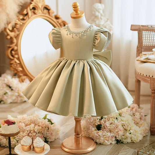 Elegant Satin Flower Girl Dress with Ruffles and Beading
