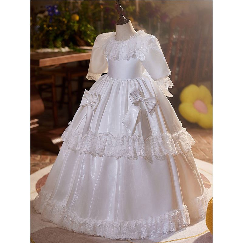 Elegant Satin Lace Flower Girl Dress with Lantern Sleeves