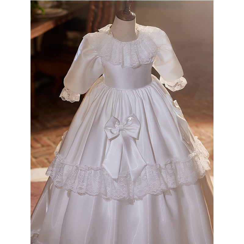 Elegant Satin Lace Flower Girl Dress with Lantern Sleeves