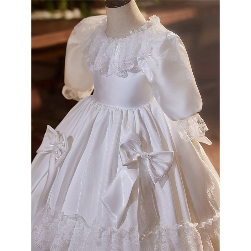 Elegant Satin Lace Flower Girl Dress with Lantern Sleeves