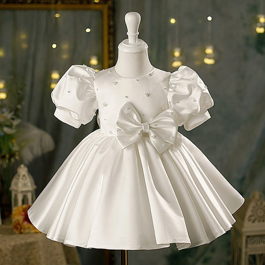 Elegant White A-Line Satin Flower Girl Dress with Bows