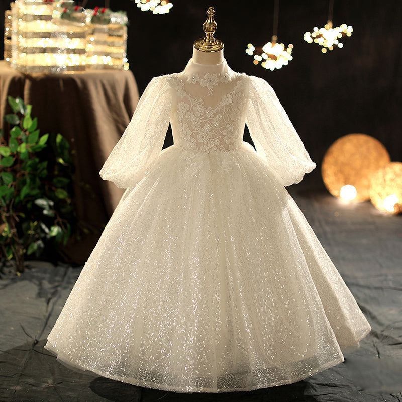 Elegant White Lace Flower Girl Dress: Long Puff Sleeves