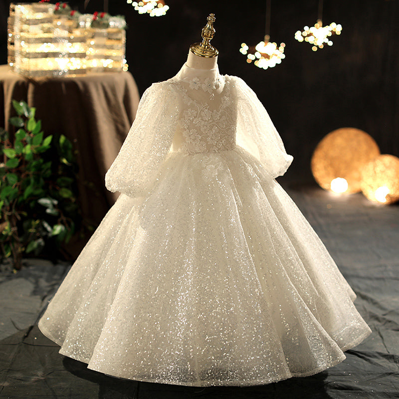 Elegant White Lace Flower Girl Dress: Long Puff Sleeves