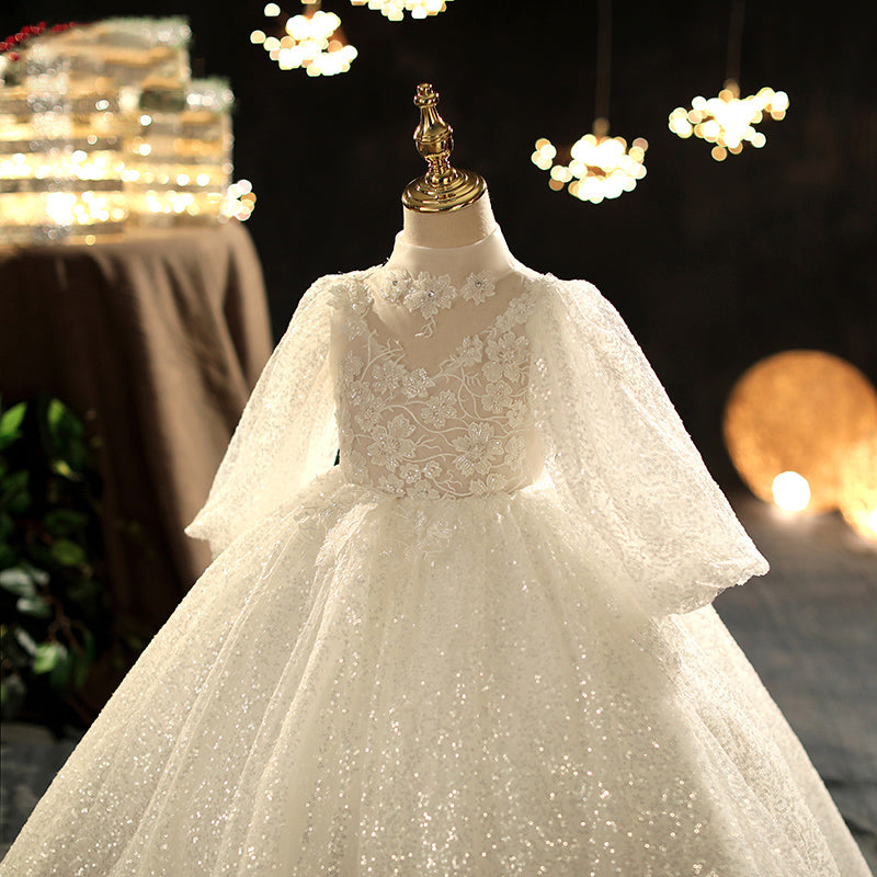 Elegant White Lace Flower Girl Dress: Long Puff Sleeves