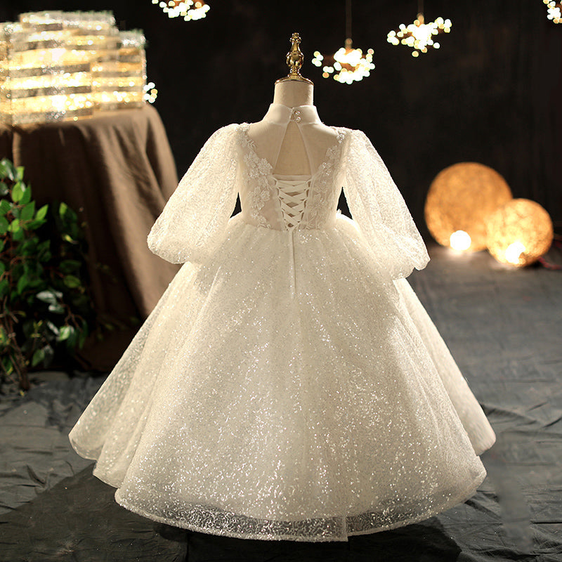 Elegant White Lace Flower Girl Dress: Long Puff Sleeves