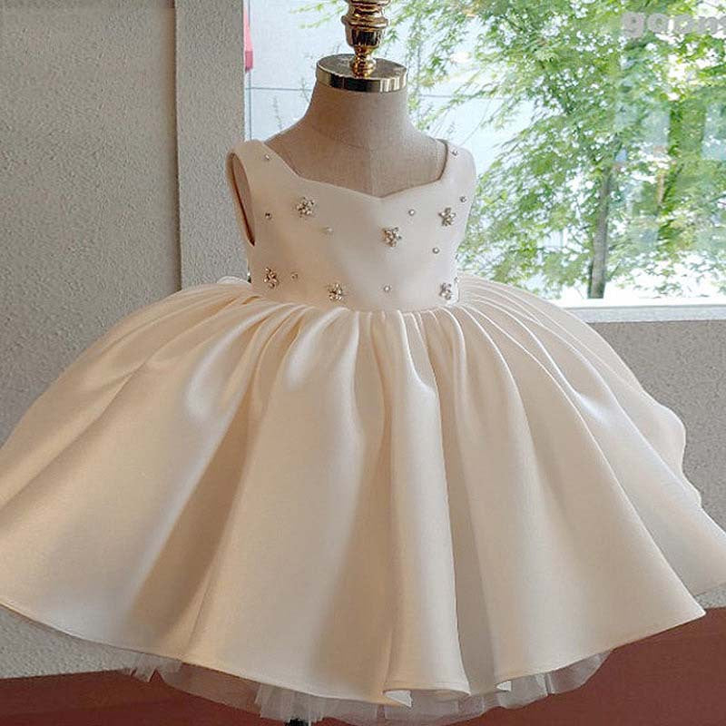 Elegant White Satin Flower Girl Dress with Bow & Beaded Details