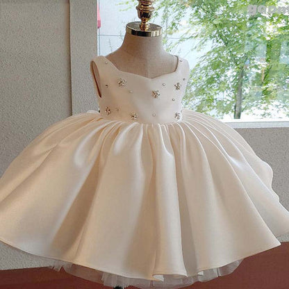 Elegant White Satin Flower Girl Dress with Bow & Beaded Details