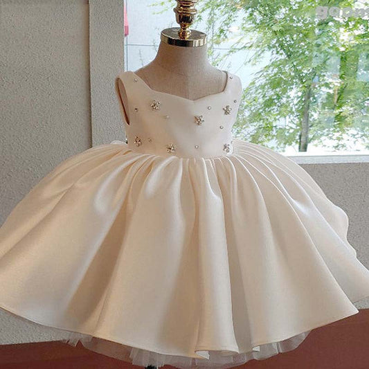 Elegant White Satin Flower Girl Dress with Bow & Beaded Details