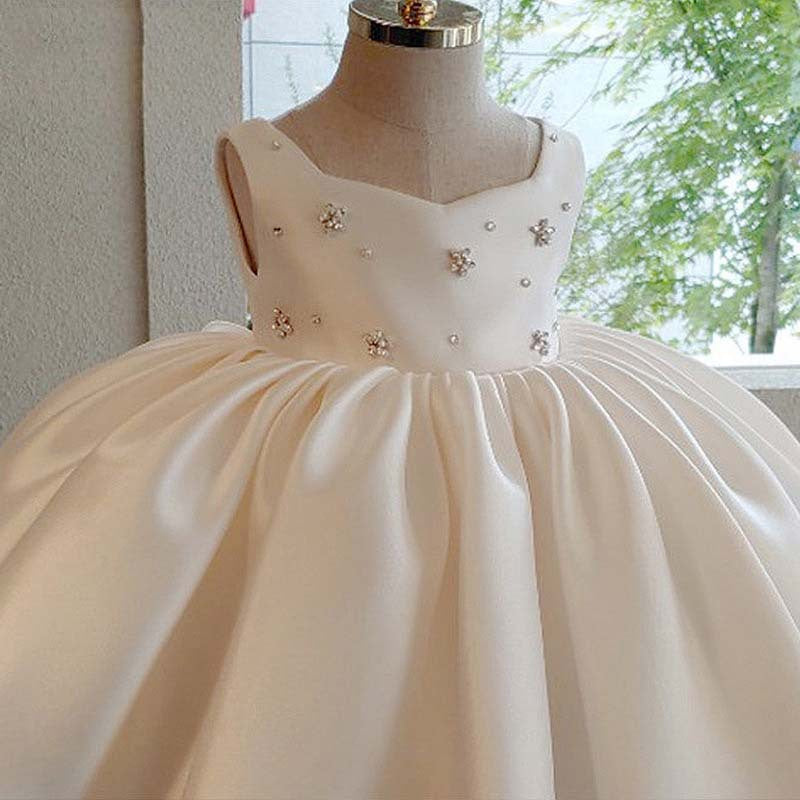 Elegant White Satin Flower Girl Dress with Bow & Beaded Details