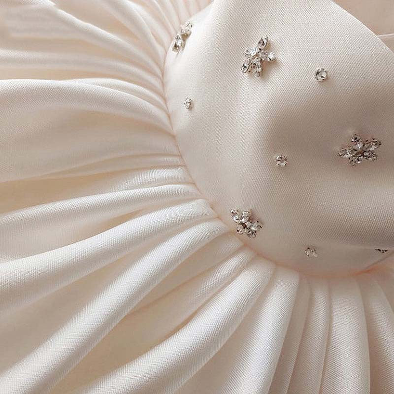 Elegant White Satin Flower Girl Dress with Bow & Beaded Details