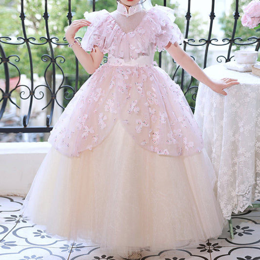 Princess Floor Length Flower Girl Dress for Kids, Tiered Skirt, Mock Neck – 2-12 Years