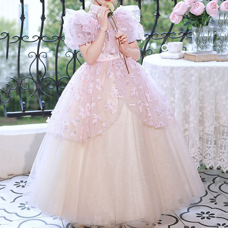 Princess Floor Length Flower Girl Dress for Kids, Tiered Skirt, Mock Neck – 2-12 Years