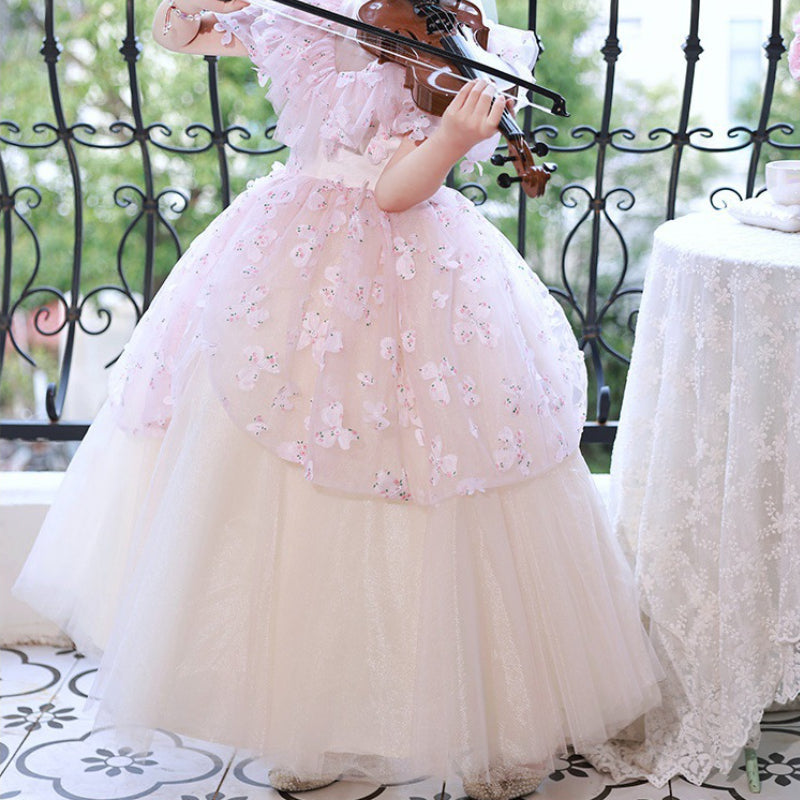 Princess Floor Length Flower Girl Dress for Kids, Tiered Skirt, Mock Neck – 2-12 Years