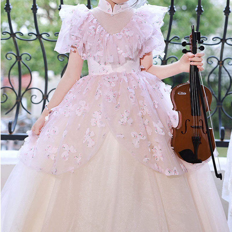 Princess Floor Length Flower Girl Dress for Kids, Tiered Skirt, Mock Neck – 2-12 Years