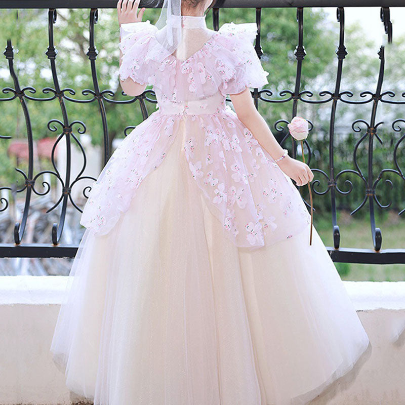 Princess Floor Length Flower Girl Dress for Kids, Tiered Skirt, Mock Neck – 2-12 Years