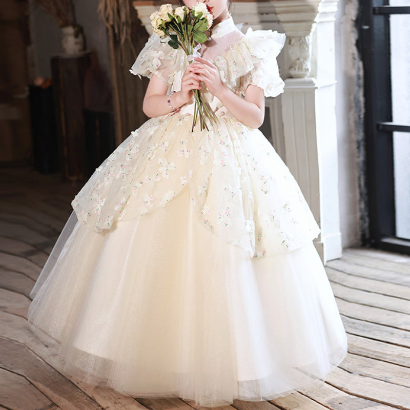 Princess Floor Length Flower Girl Dress for Kids, Tiered Skirt, Mock Neck – 2-12 Years
