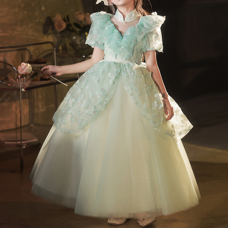 Princess Floor Length Flower Girl Dress for Kids, Tiered Skirt, Mock Neck – 2-12 Years