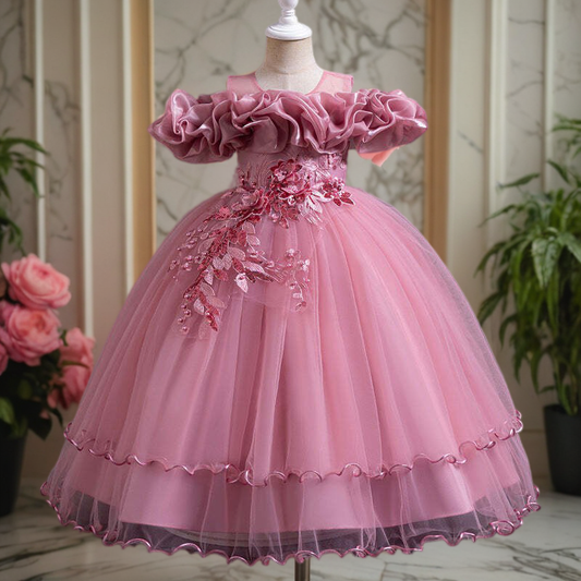 Floor-Length Princess Flower Girl Dress with Lace and Bow Back