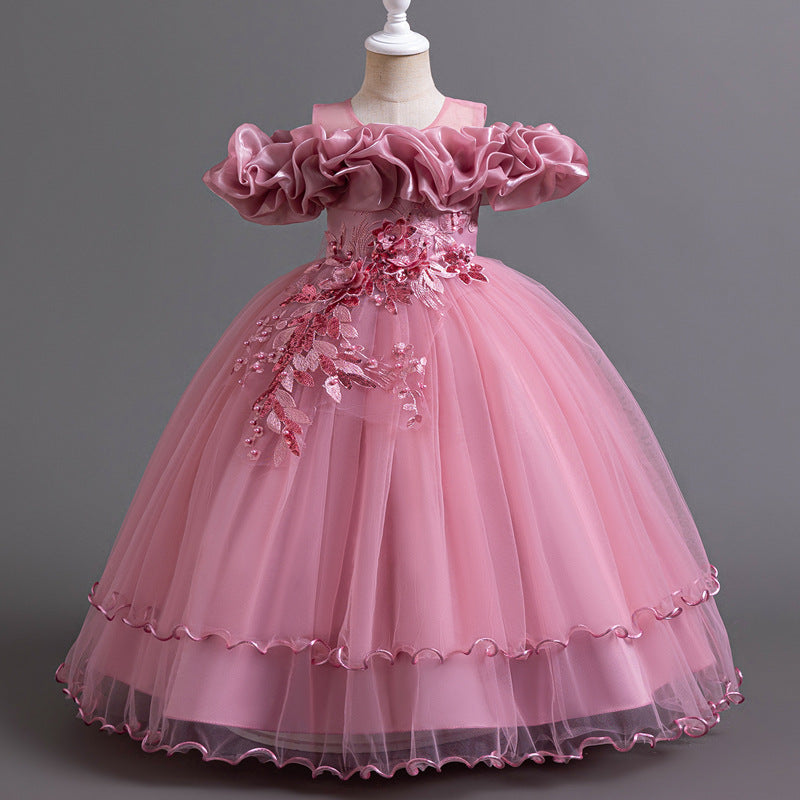 Floor-Length Princess Flower Girl Dress with Lace and Bow Back