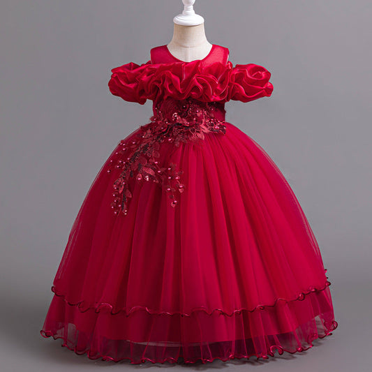 Floor-Length Princess Flower Girl Dress with Lace and Bow Back