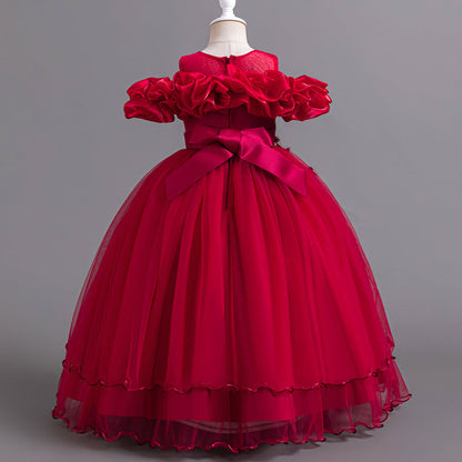 Floor-Length Princess Flower Girl Dress with Lace and Bow Back
