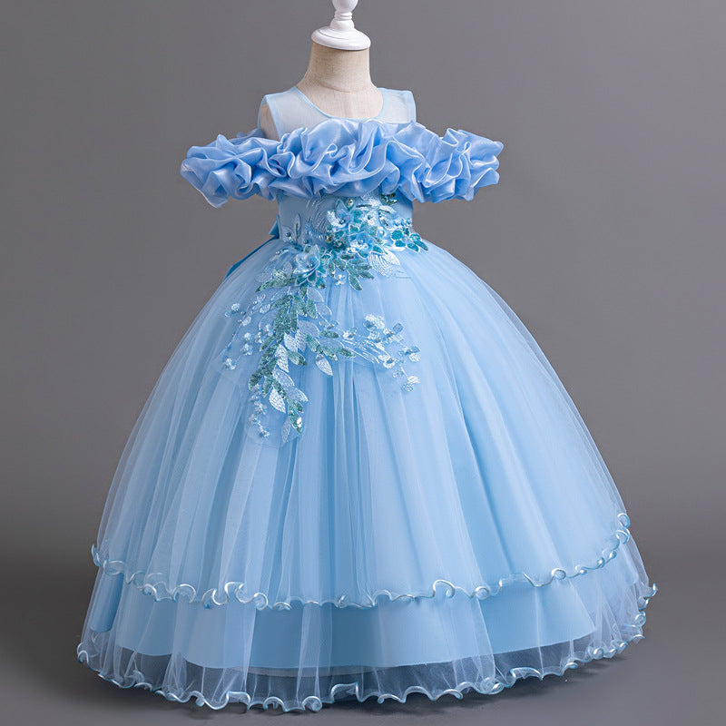 Floor-Length Princess Flower Girl Dress with Lace and Bow Back