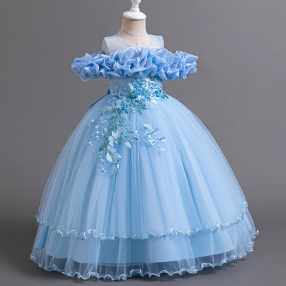 Floor-Length Princess Flower Girl Dress with Lace and Bow Back