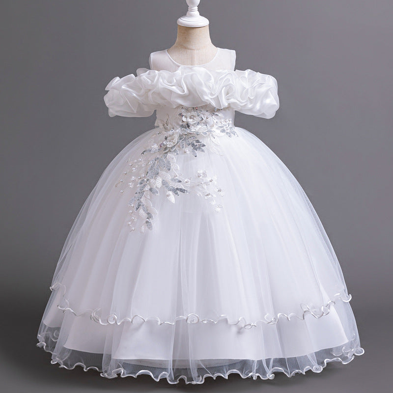 Floor-Length Princess Flower Girl Dress with Lace and Bow Back