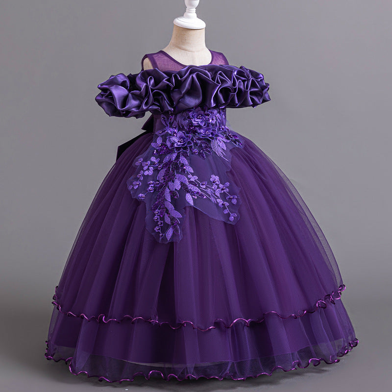 Floor-Length Princess Flower Girl Dress with Lace and Bow Back