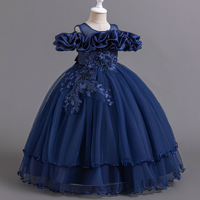 Floor-Length Princess Flower Girl Dress with Lace and Bow Back