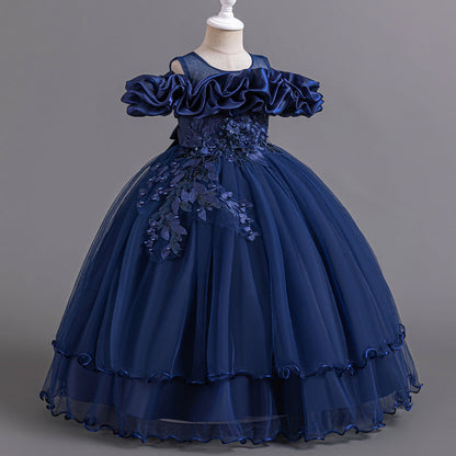 Floor-Length Princess Flower Girl Dress with Lace and Bow Back