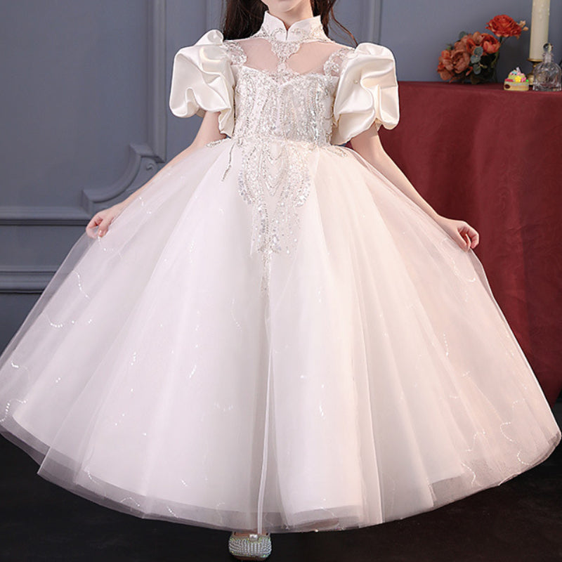 Girls' Floor Length White Princess Dress – Tulle & Sequins, Age 3-12