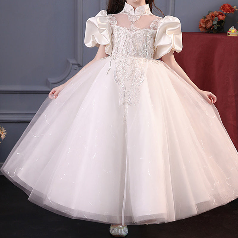 Girls' Floor Length White Princess Dress – Tulle & Sequins, Age 3-12