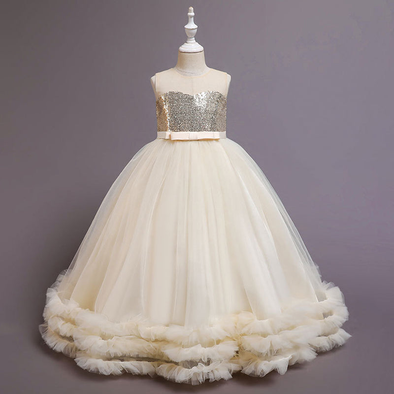 Floor Length Tulle Sequin Flower Girl Dress: Sleeveless