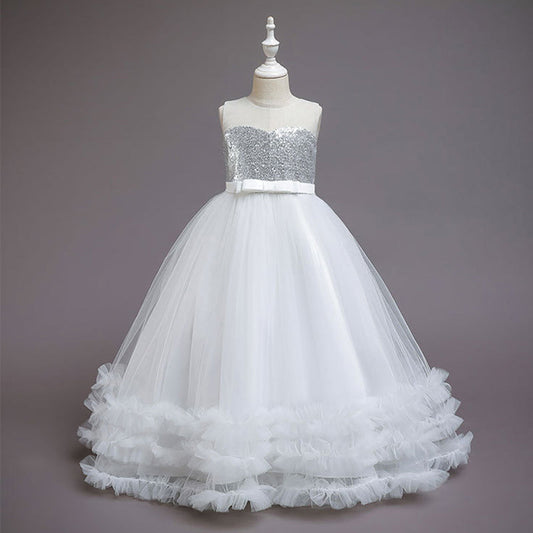 Floor Length Tulle Sequin Flower Girl Dress: Sleeveless