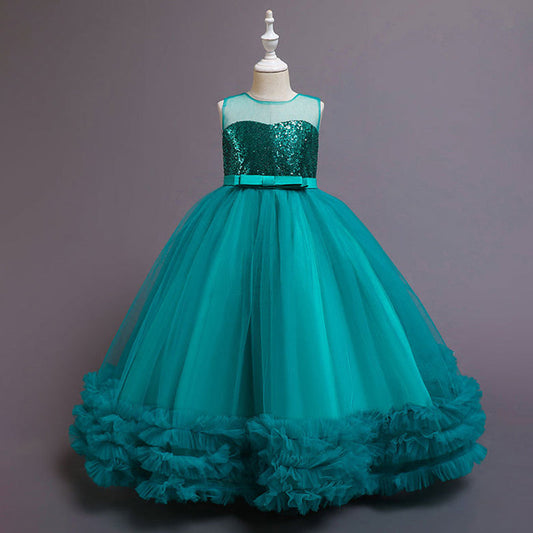 Floor Length Tulle Sequin Flower Girl Dress: Sleeveless