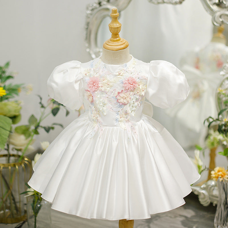 Girls' White Satin Princess Dress with Floral Appliqué – Party & Special Occasion Gown
