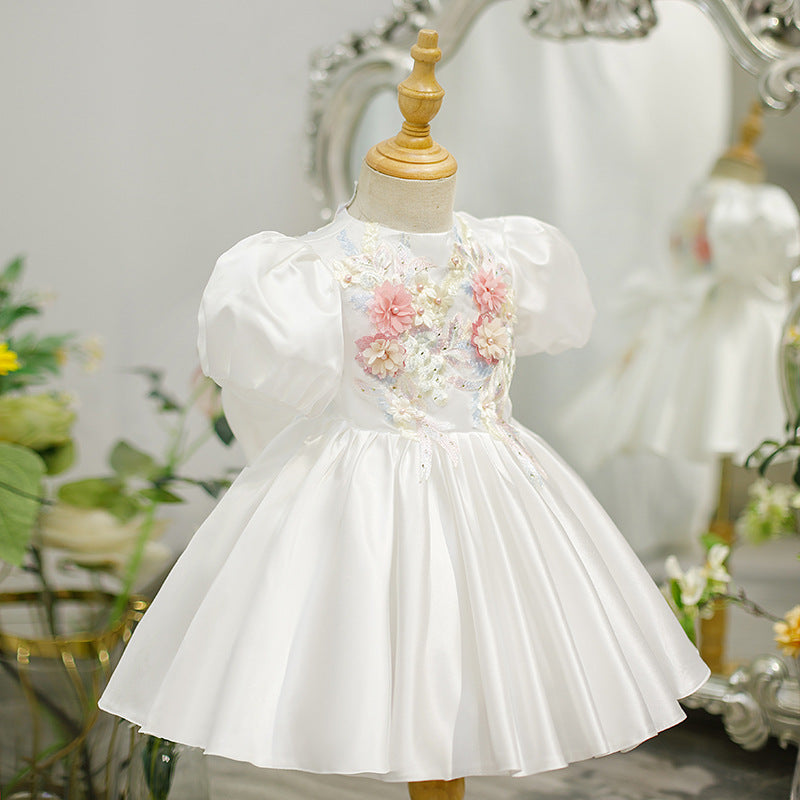 Girls' White Satin Princess Dress with Floral Appliqué – Party & Special Occasion Gown