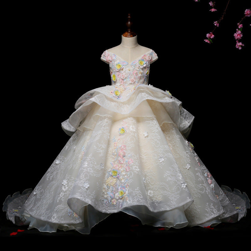 Floral Lace Organza A-Line Flower Girl Dress Cap Sleeve