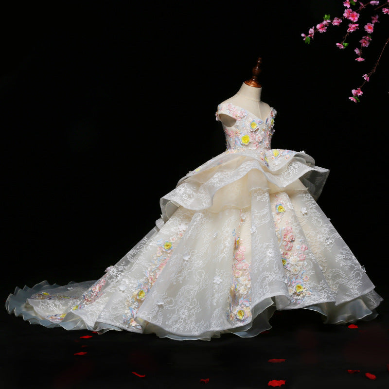 Floral Lace Organza A-Line Flower Girl Dress Cap Sleeve