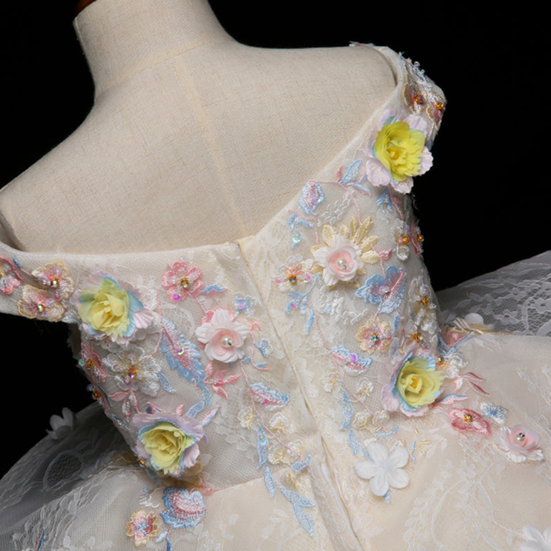 Floral Lace Organza A-Line Flower Girl Dress Cap Sleeve