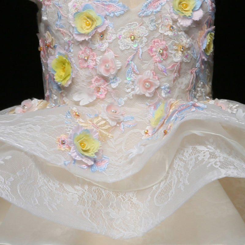 Floral Lace Organza A-Line Flower Girl Dress Cap Sleeve