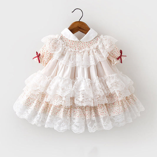 Floral Princess Flower Girl Dress with Cascading Ruffles and Puff Sleeves