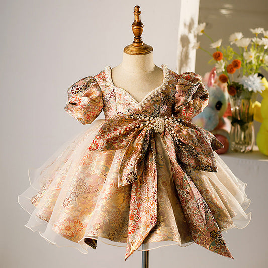 Floral Princess Tea-Length Flower Girl Dress with Beaded Bows